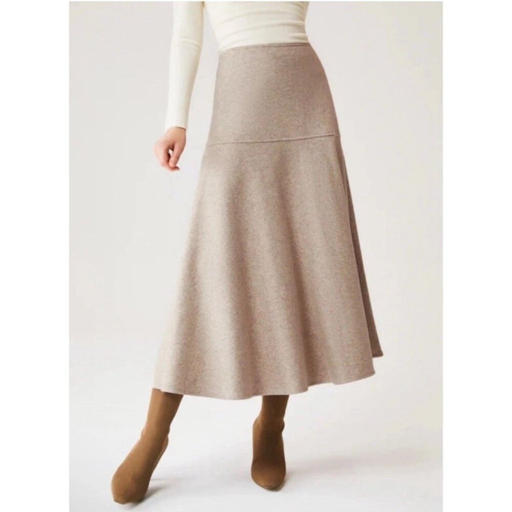 OGL Cashsoft Wool Blend Flared Midi Skirt Oatmeal Beige Womens Size Medium